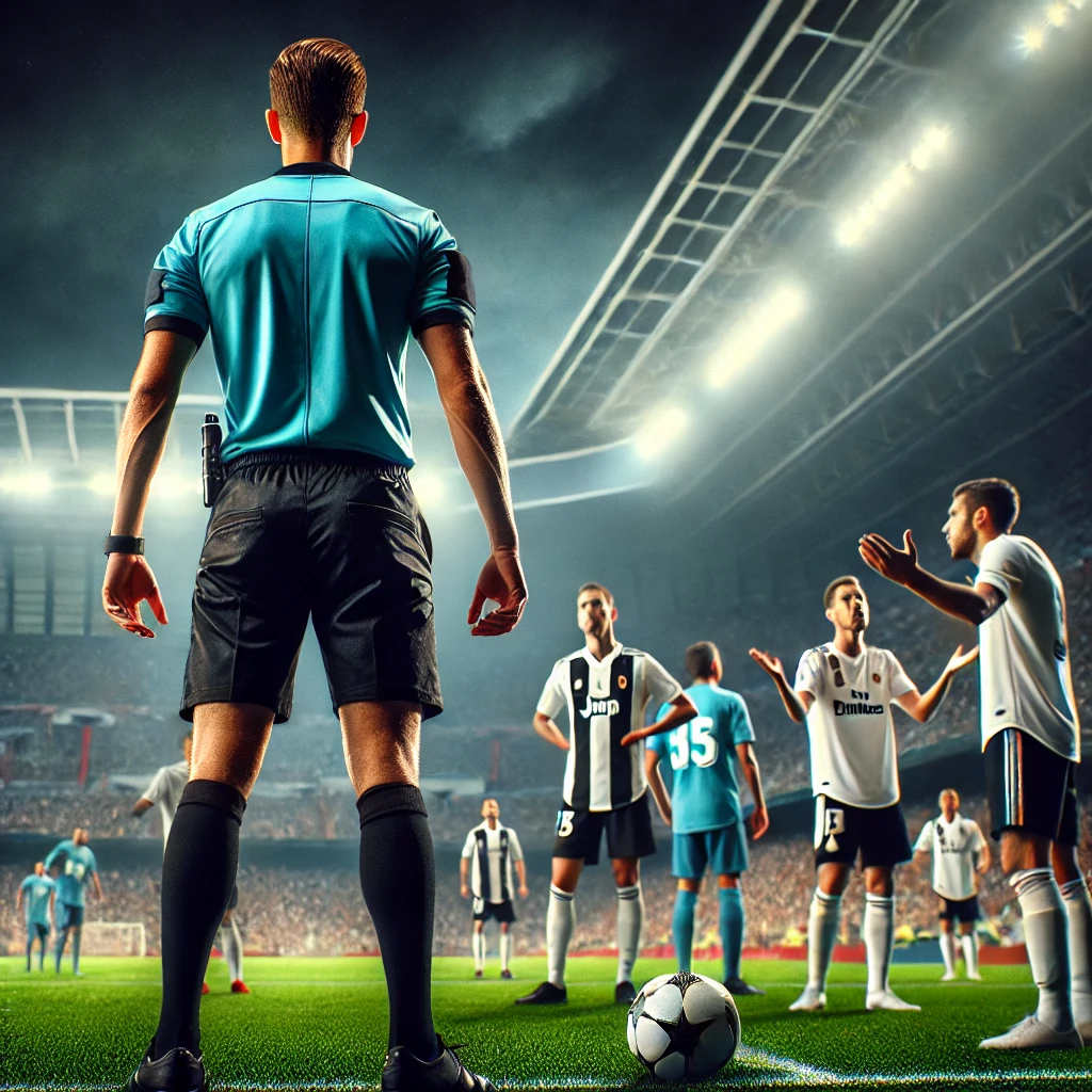 A-close-up-of-a-referee-standing-firm-on-the-field-during-a-soccer-match-with-players-from-Real-Madrid-and-Valencia