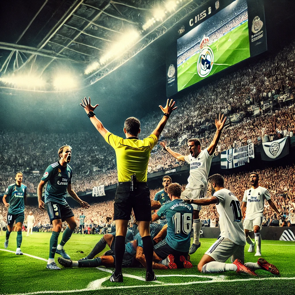 A-heated-moment-during-a-soccer-match-between-Celta-Vigo-and-Real-Madrid.-The-referee-is-seen-waving-play-on-after-a-controversial-challenge