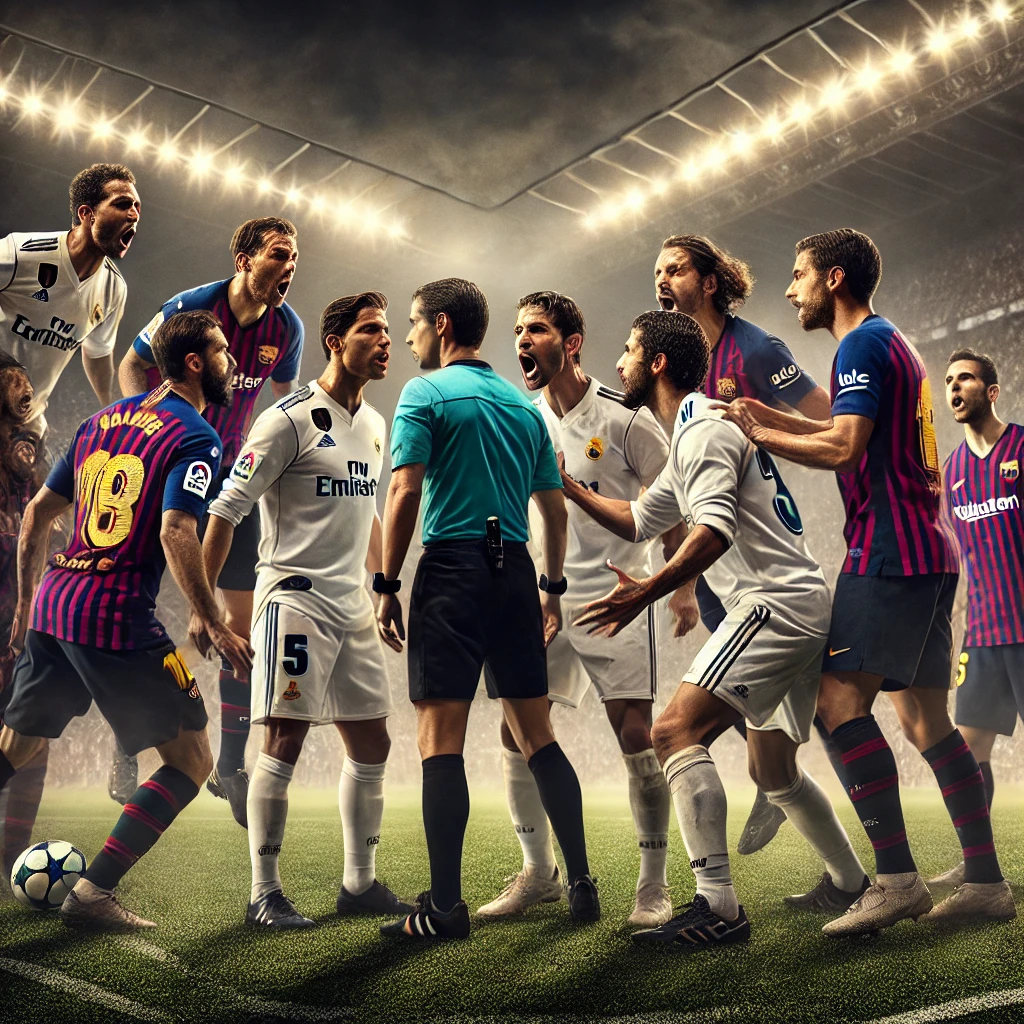 A-tense-moment-during-El-Clasico-showing-players-from-Real-Madrid-and-Barcelona-in-action-clashing-over-a-controversial-decision