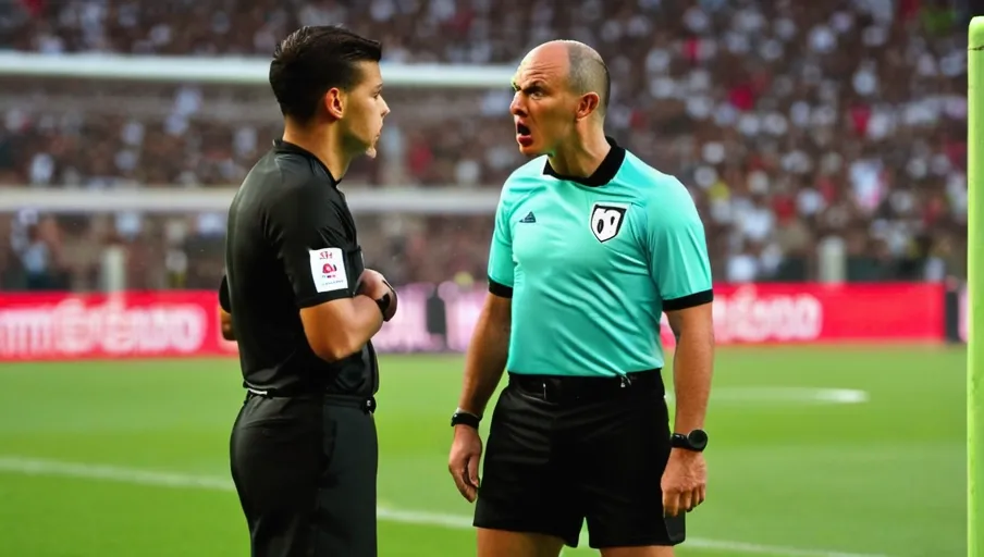 A referee scowling at two soccer