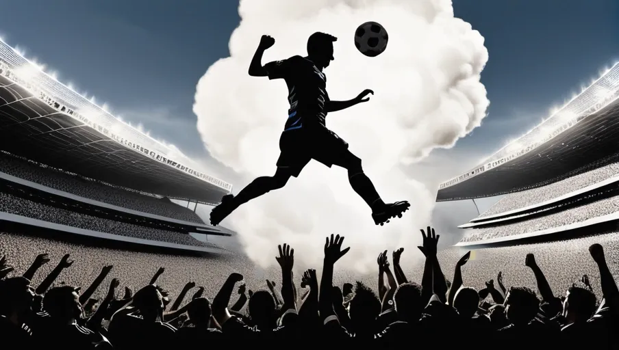 A silhouetted soccer player leaping high