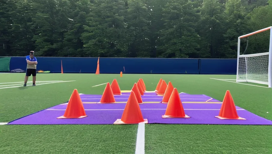 A soccer field filled with cones