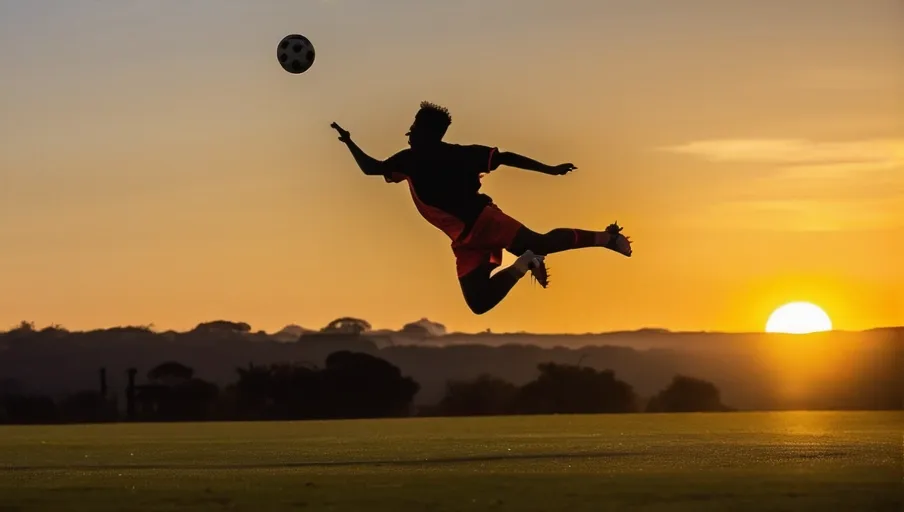 A soccer player jumping and twirling