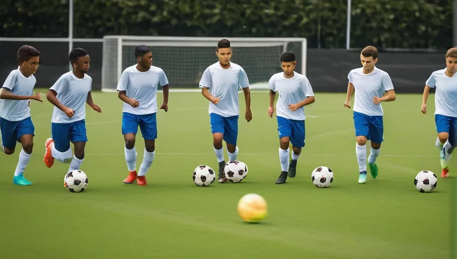 A team of soccer players practicing