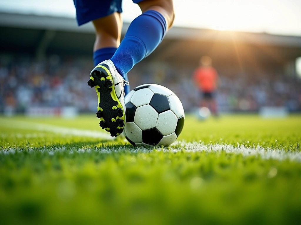 Photorealistic, action shot, low angle, showing soccer shoes making a sharp turn on a vibrant green soccer field, motion b...