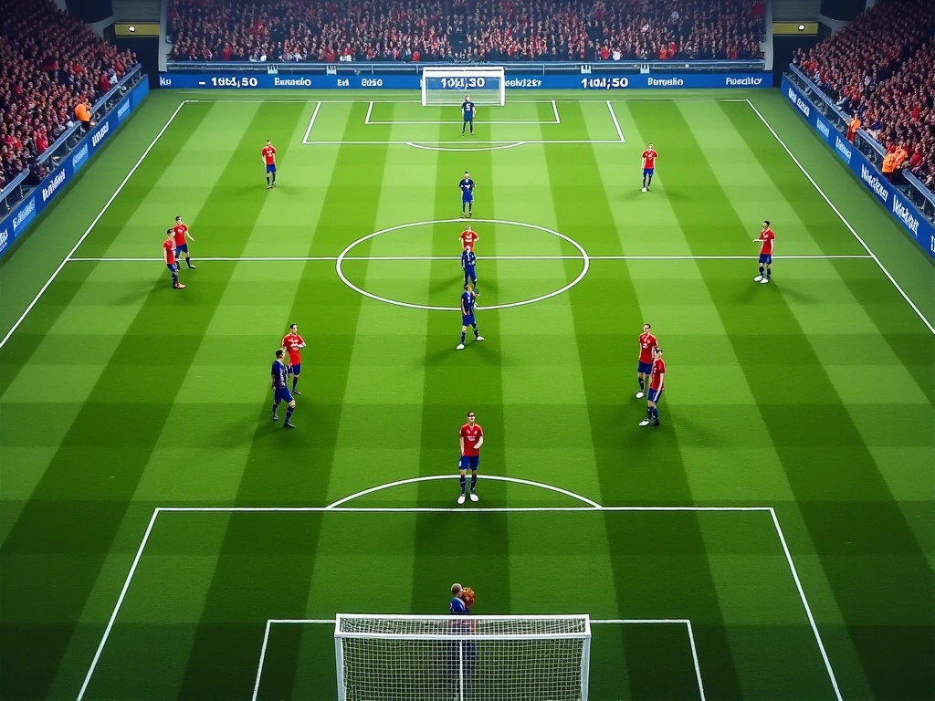 Photorealistic image of a meticulously organized football pitch seen from an aerial perspective, showcasing the seamless t...