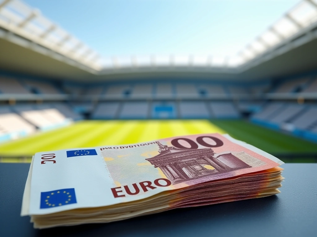 Photorealistic image of a stack of euro banknotes, with a blurred background of a modern stadium. Focus on the texture of ...
