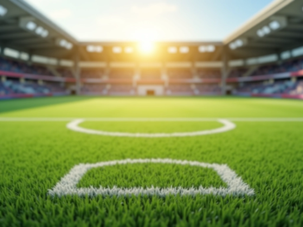 Photorealistic image of a soccer field, focus on the center circle. Blurry background shows two opposing team formations. ...