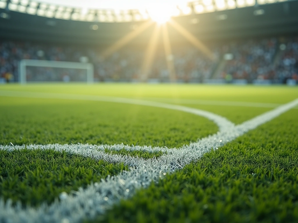 Photorealistic image of a soccer field, focusing on the blurred lines of the pitch markings, suggesting constant movement ...