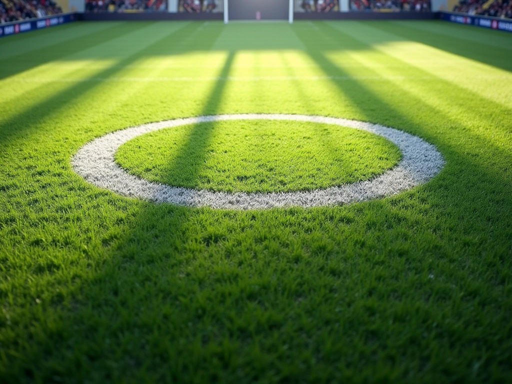 Photorealistic image of a soccer field, focusing on the center circle. The grass is slightly worn in this area, suggesting...