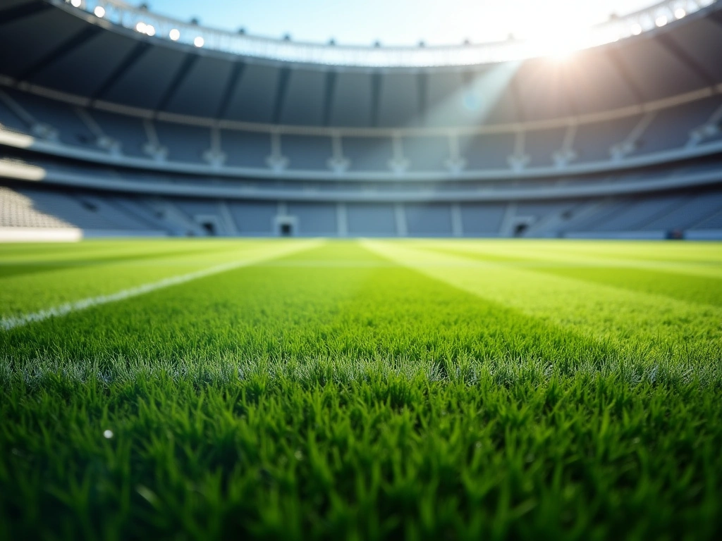 Photorealistic image of a meticulously maintained soccer field, freshly cut grass with visible patterns, stadium lights ca...