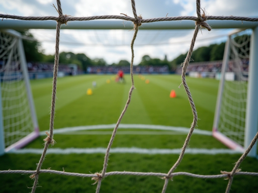 Photorealistic image of a soccer goal from the goalkeeper's perspective. Focus on the net and the texture of the goalposts...