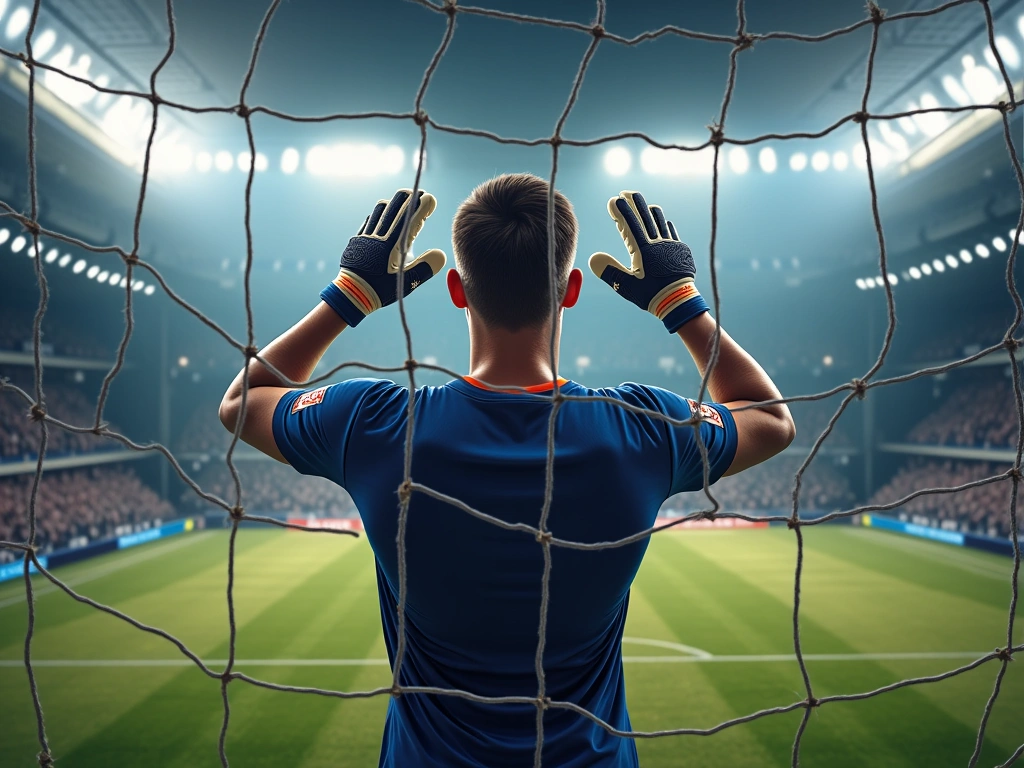 Photorealistic image of a soccer goal from behind, focusing on the back of the net rippling from a save. Focus on the glov...