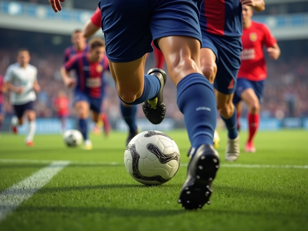 Photorealistic image of a soccer field from the perspective of the sideline, focusing on the blurred motion of players run...