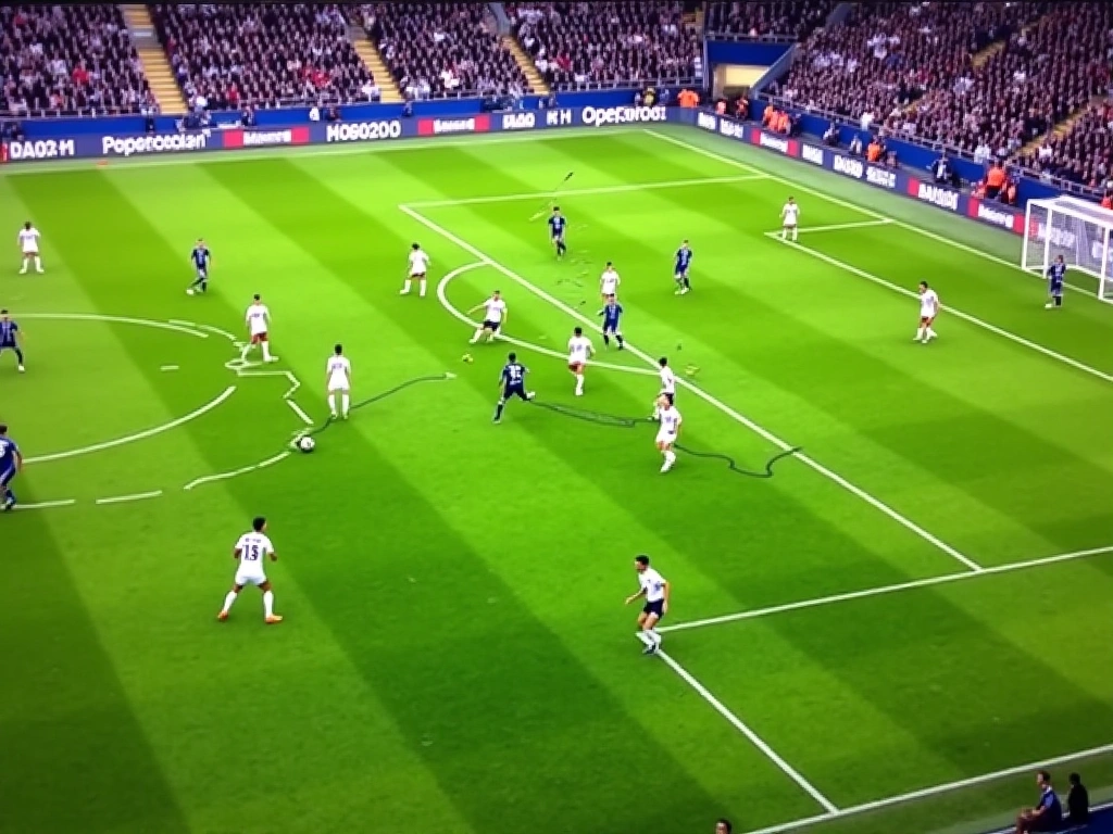 Photorealistic depiction of a soccer field from a high angle, showcasing the intricate passing patterns and player movemen...