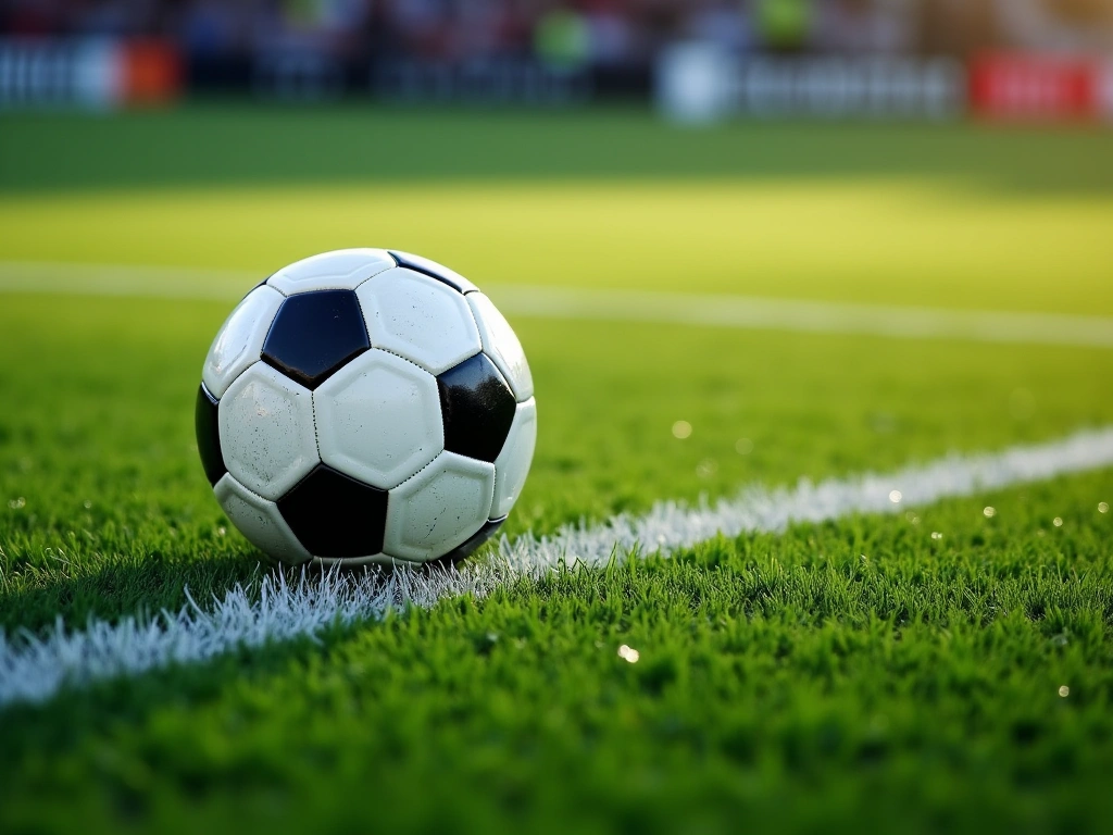 Photorealistic close-up of a soccer ball near the penalty area line on a vibrant green field, focusing on the subtle textu...