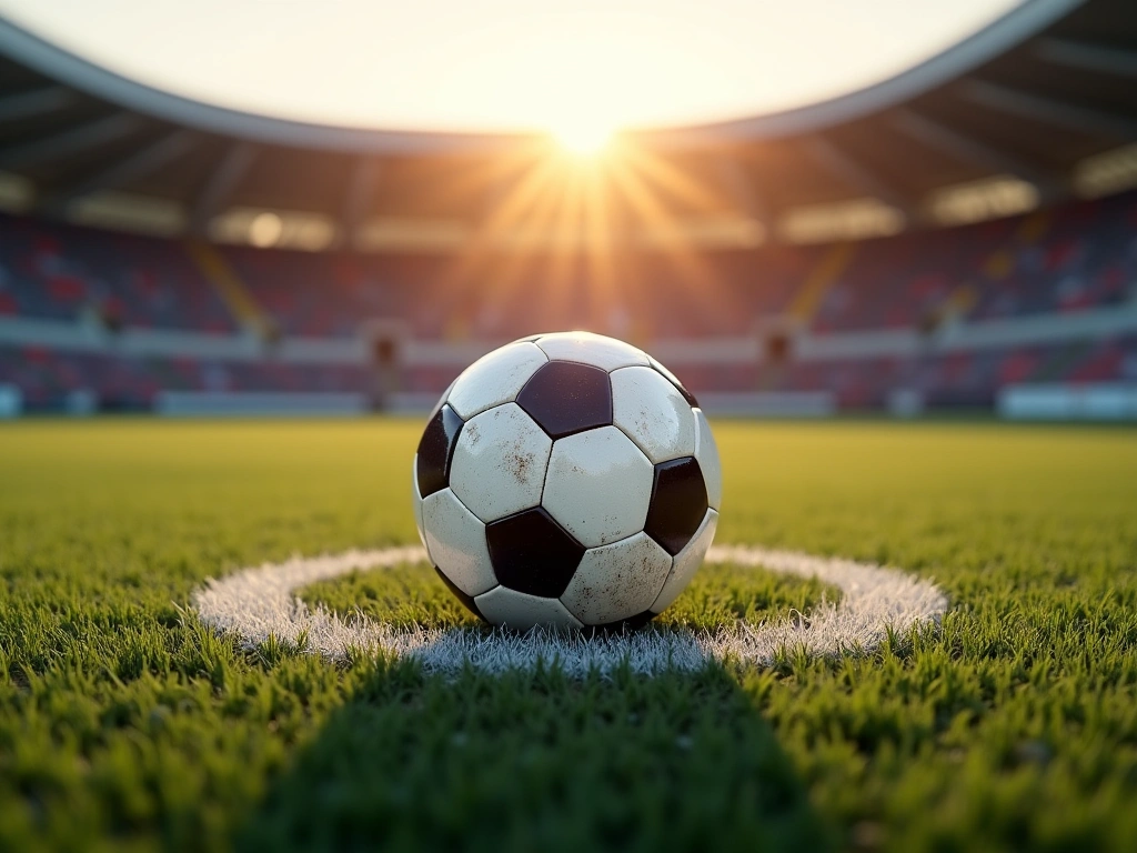 Photorealistic image of a soccer ball placed on the center circle of a soccer field. The field is bathed in the warm light...