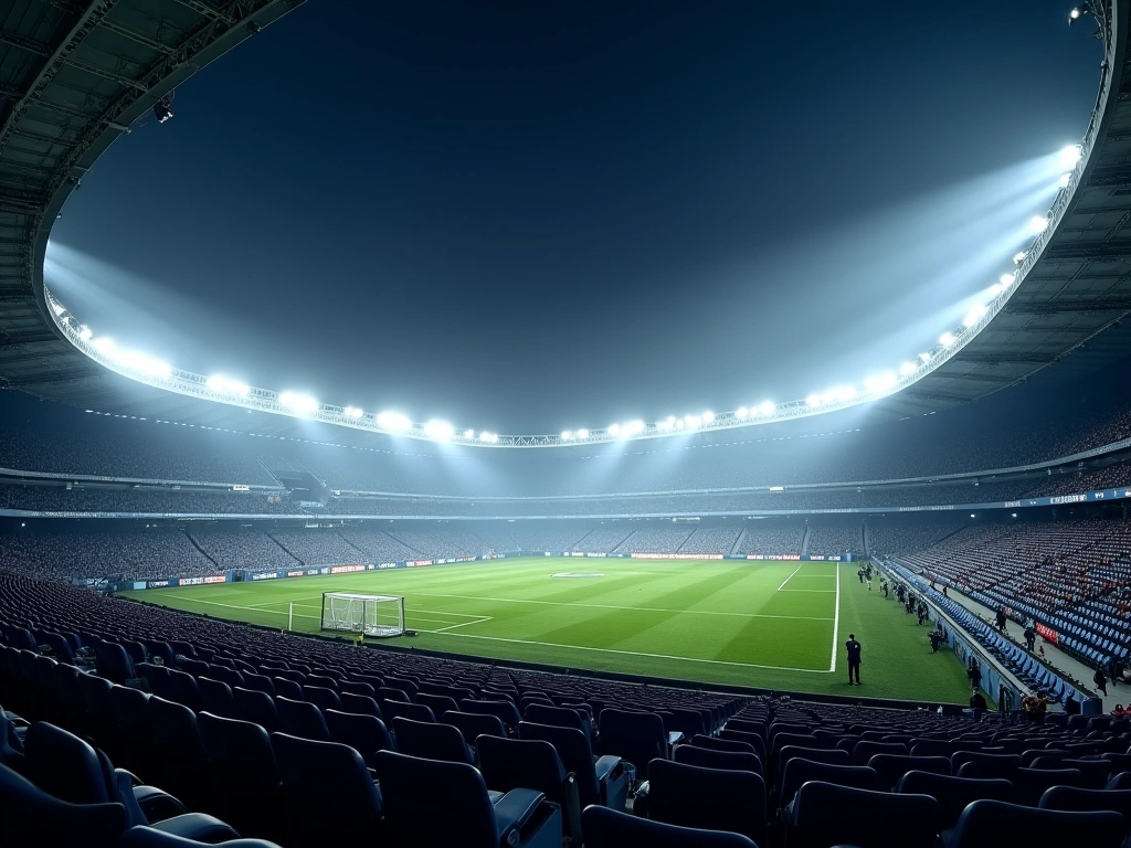 Photorealistic image of the Santiago Bernabéu stadium at night, illuminated with bright floodlights. Focus on the empty st...