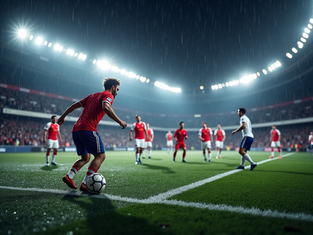 Photorealistic image of a soccer stadium at night, rain-slicked pitch, stadium lights glinting off the wet surface. Focus ...