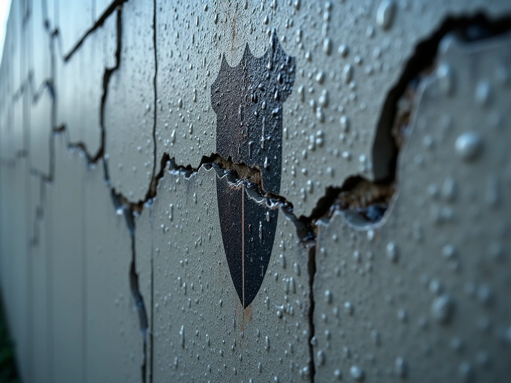 Photorealistic close-up of a cracked and weathered concrete wall, symbolizing a broken defensive line. Rain is running dow...