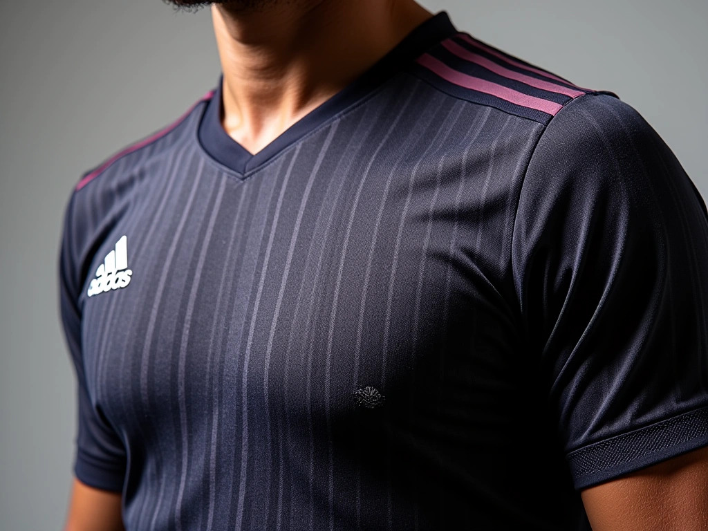 Close-up studio shot of an authentic Adidas soccer jersey, showcasing the HEAT.RDY technology texture, highlighting its sl...