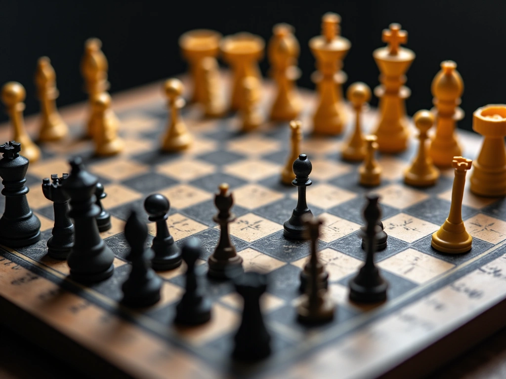 Photorealistic image of a meticulously arranged chess board, pieces representing football players in formation, strategic ...