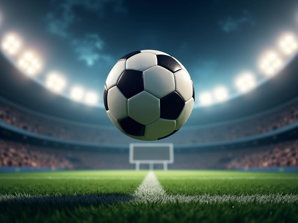 Photorealistic image of a football in mid-air, spiraling towards a goal net, stadium lights blur in the background, dramat...