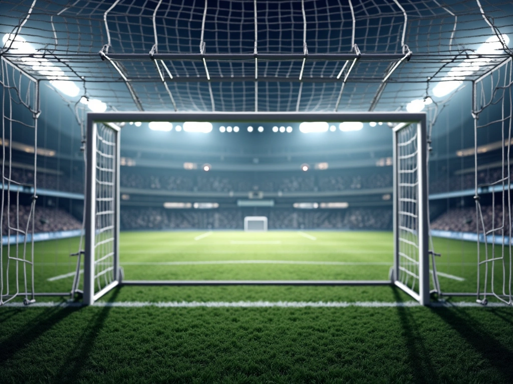 Photorealistic image of a soccer goal viewed from behind the net, showing the depth of field stretching to the opposite si...