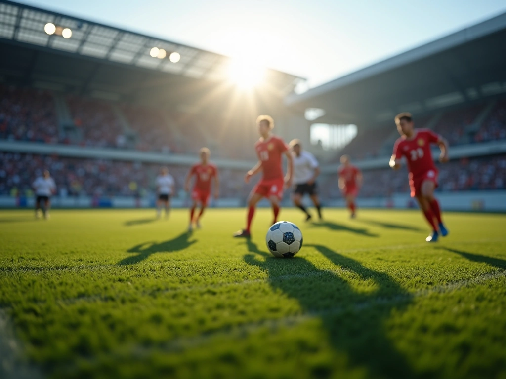 Photorealistic action shot of a soccer field from a low angle, emphasizing the blurred motion of players in a high-pressin...