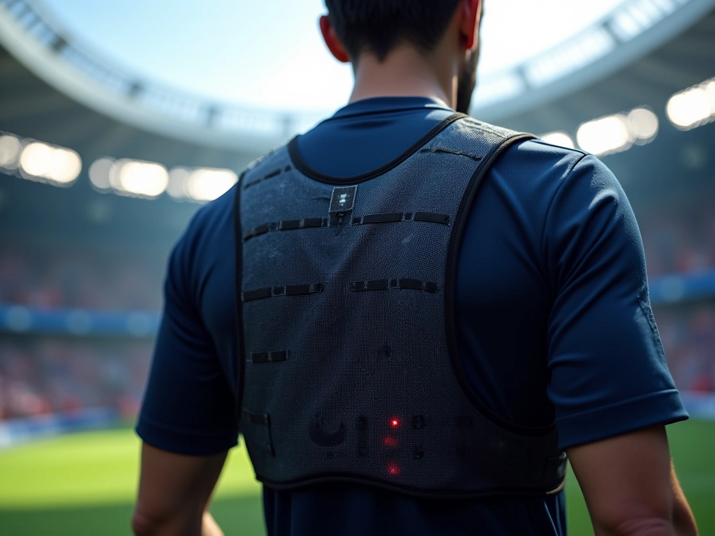 Photorealistic close-up of a GPS tracking vest worn under a soccer jersey. Focus on the intricate details of the sensors a...