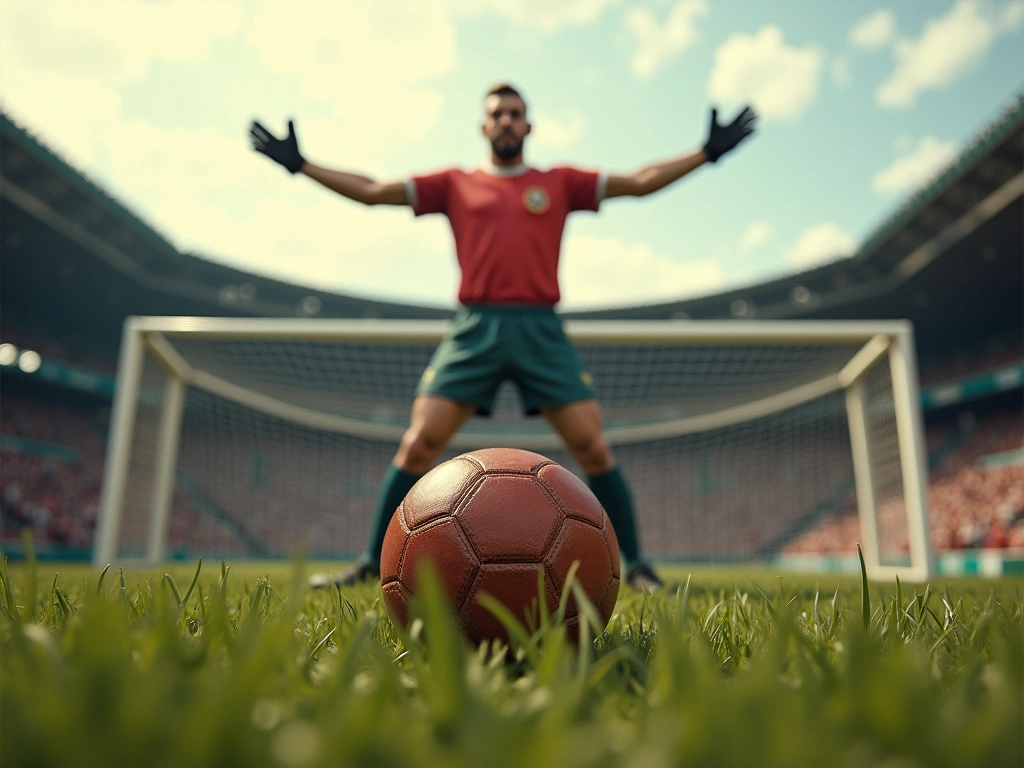 Photorealistic image of a vintage football goal. A large, imposing goalkeeper dominates the space, arms outstretched, read...