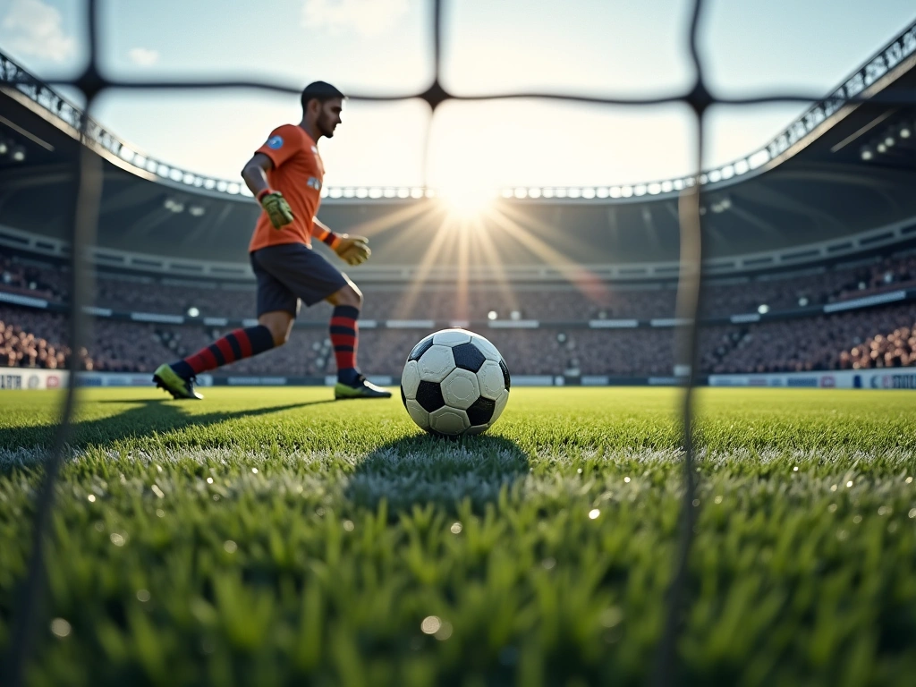 Photorealistic image of a football pitch from behind the goal, focusing on the 18-yard box. A goalkeeper is far from their...