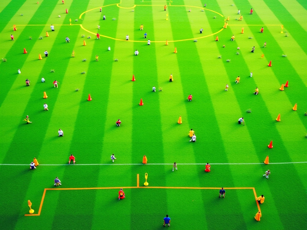 Photorealistic image of a vibrant soccer training field, viewed from above. Small soccer balls scattered across the green ...