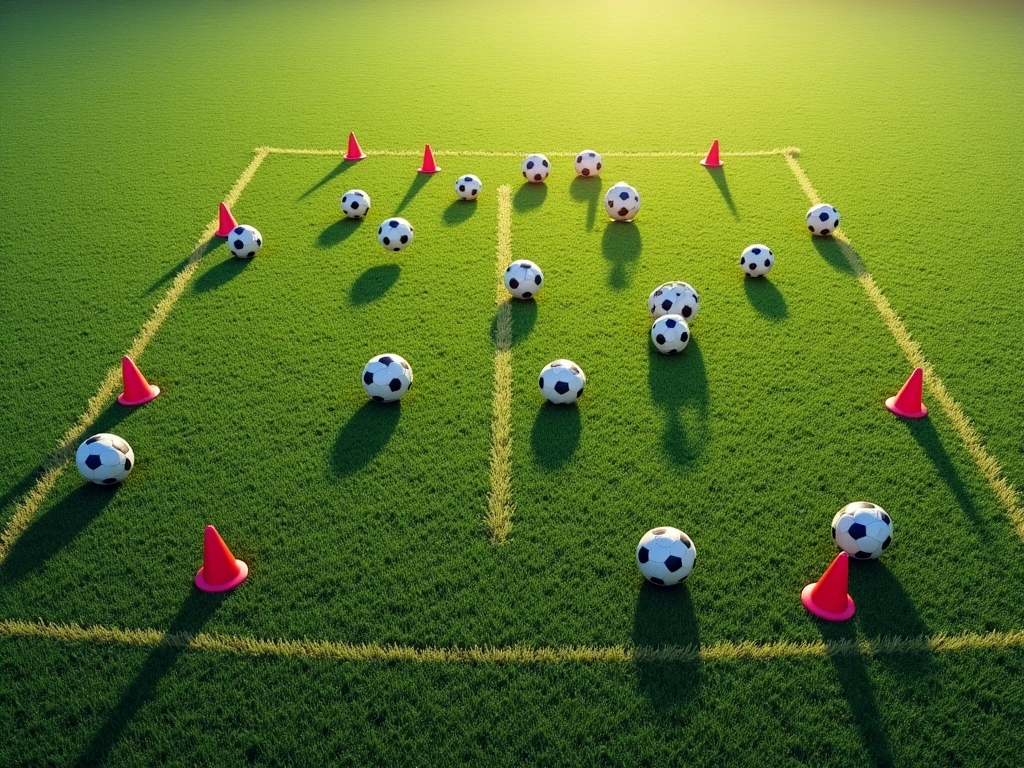 Photorealistic image of a square soccer grid marked with cones on a grass field. Multiple soccer balls are scattered insid...