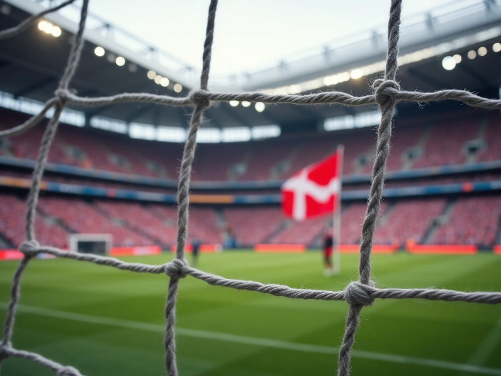 A photorealistic image of a football net rippling after a goal. The background is blurred, showing a packed stadium with w...