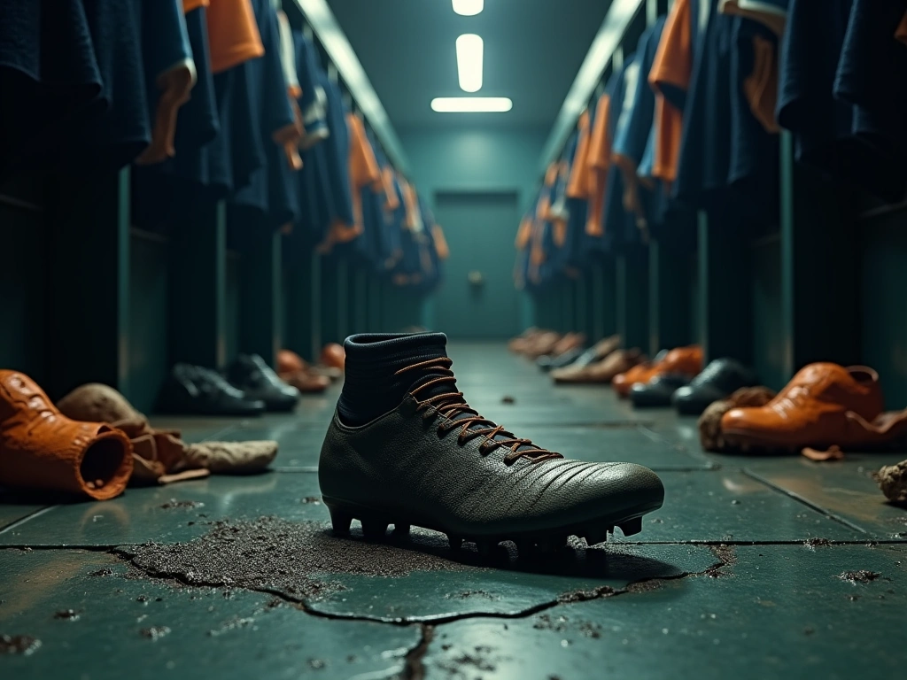A dimly lit locker room after a football match. Mud-covered jerseys are strewn about. Focus on a worn-out football boot re...