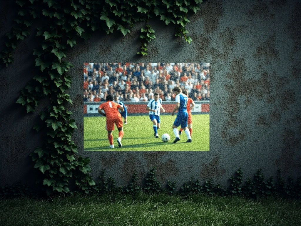 Photorealistic image of a weathered, stone stadium wall, partially covered in ivy. A faint projection of a soccer match is...