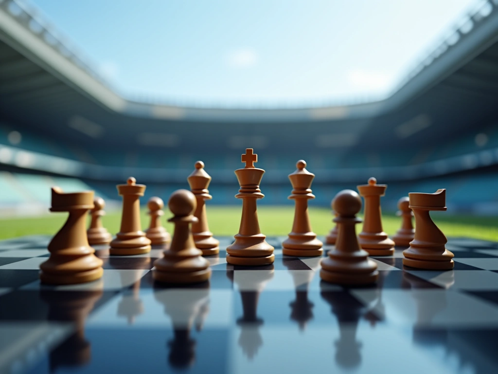 Photorealistic close-up of a meticulously arranged formation of chess pieces on a digital chessboard. The pieces are arran...