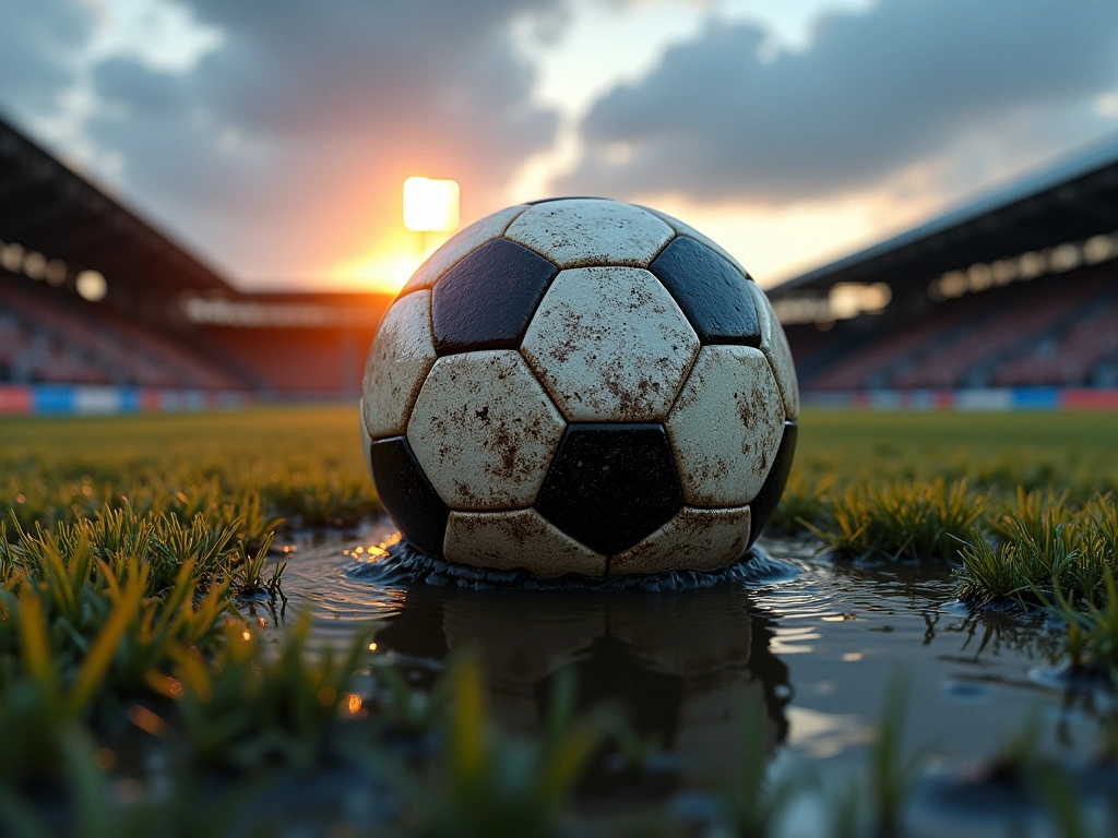 Photorealistic image of a soccer ball partially submerged in muddy water, with blades of grass and dirt splattered around ...
