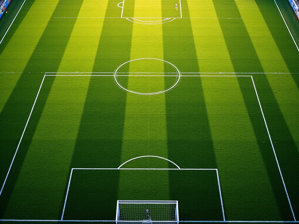 Photorealistic image of a soccer field seen from above, showing the intricate patterns of the grass and the white lines ma...