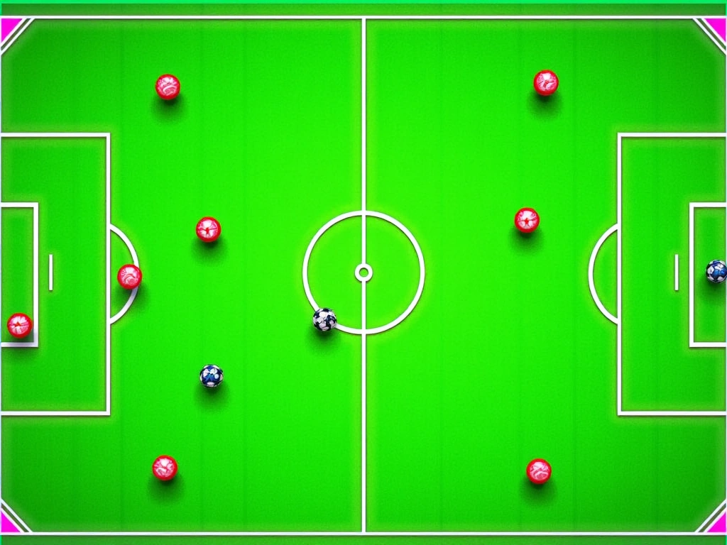 Photorealistic image of a soccer field, viewed from above, showing the layout for a 9v9 game. The field is green, with whi...