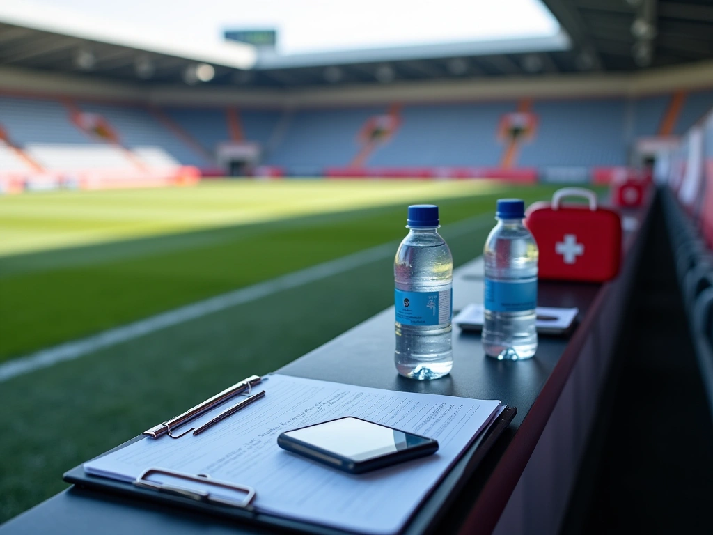 Photorealistic image of a soccer team's bench on the sidelines of a field. The bench is empty, but there are scattered wat...