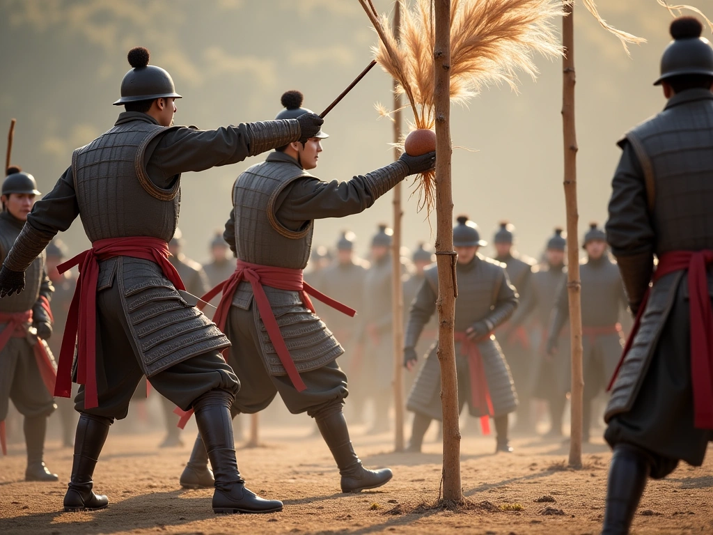 Photorealistic image of a training ground in ancient China during the Han Dynasty. Soldiers in traditional armor are kicki...