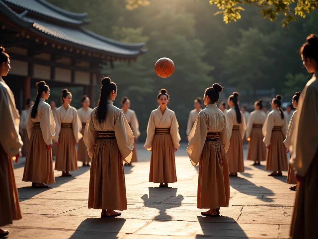Photorealistic image of a Kemari game in ancient Japan during the Asuka or Heian period. Participants, dressed in ceremoni...