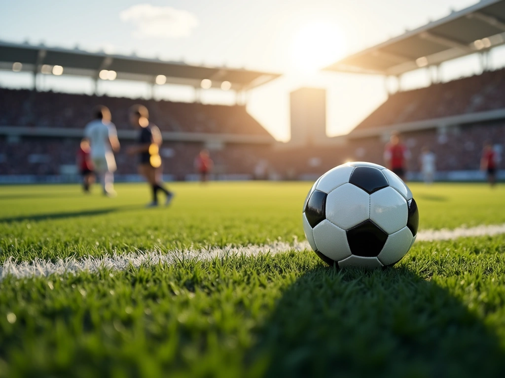Photorealistic image of a soccer ball resting on the grass, positioned near the edge of the penalty box. The scene focuses...