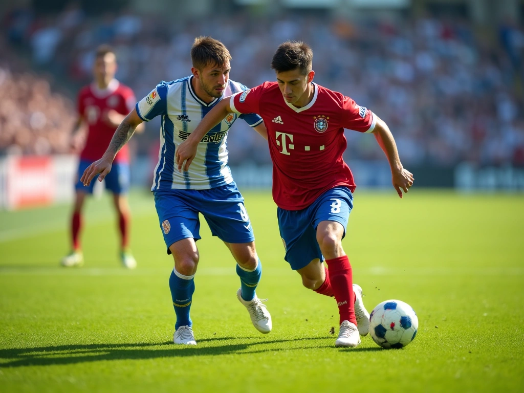 Photorealistic image of two soccer players, mid-action, engaged in a shoulder-to-shoulder challenge for the ball on a vibr...