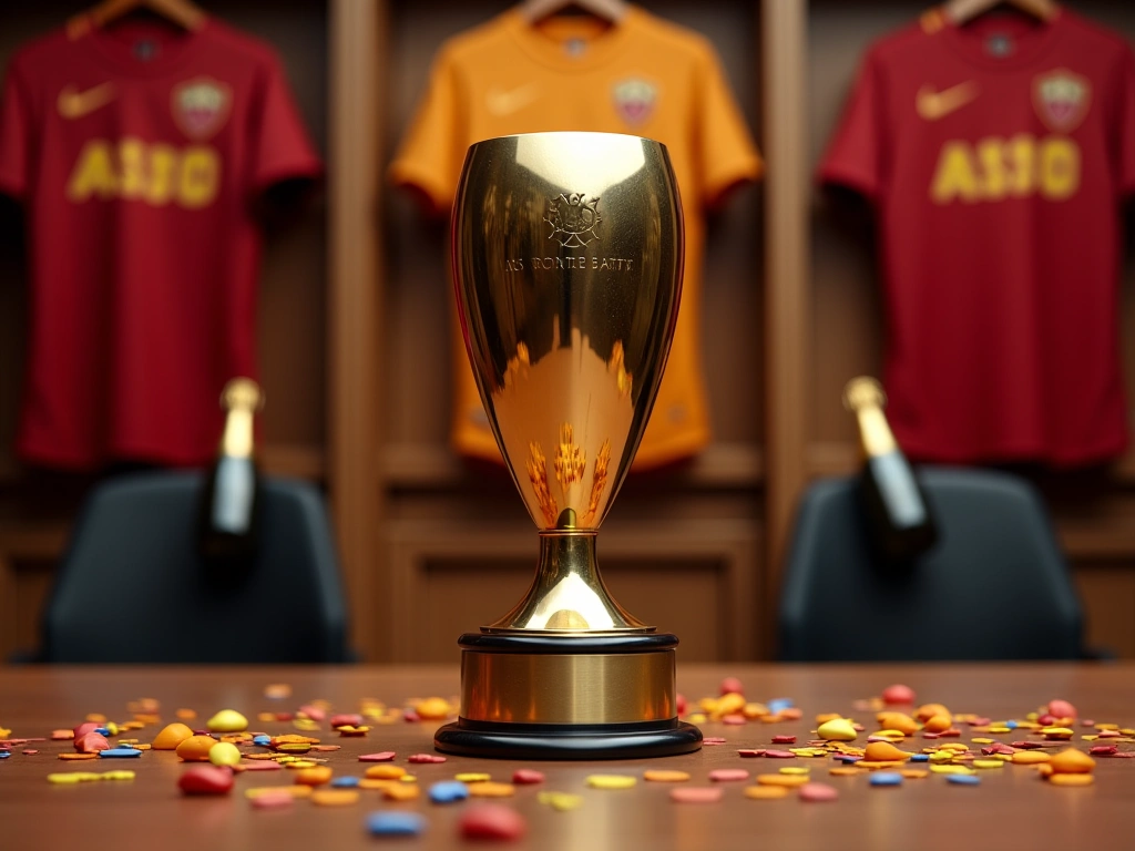 Photorealistic image of a golden UEFA Europa Conference League trophy on a table in a locker room. Confetti and champagne ...