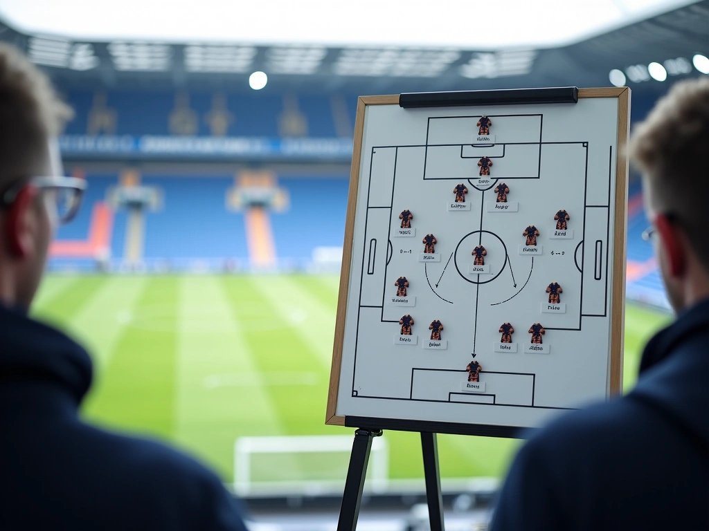 Photorealistic image of a detailed tactical whiteboard covered in diagrams of a 3-5-2 football formation, with magnets rep...