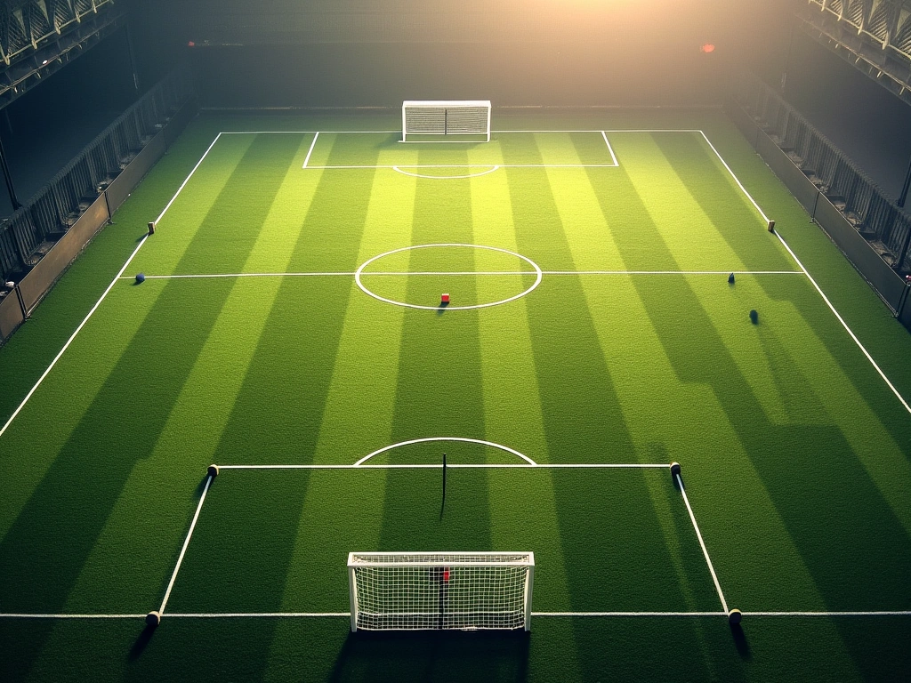 Overhead view of a meticulously arranged soccer field with miniature cones and strategic formations laid out, bathed in so...