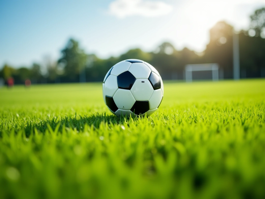 Photorealistic image of a soccer ball blurred in motion on a vibrant green soccer field, low angle, shallow depth of field...